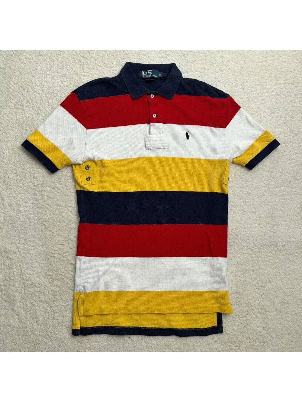 Vintage Polo Ralph Lauren Striped Polo Shirt Mens S Navy Red Gold Rugby Y2K 90s